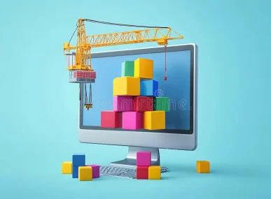 computer-under-construction-monitor-crane-lifting-colorful-blocks-representing-development-website-software-350859923